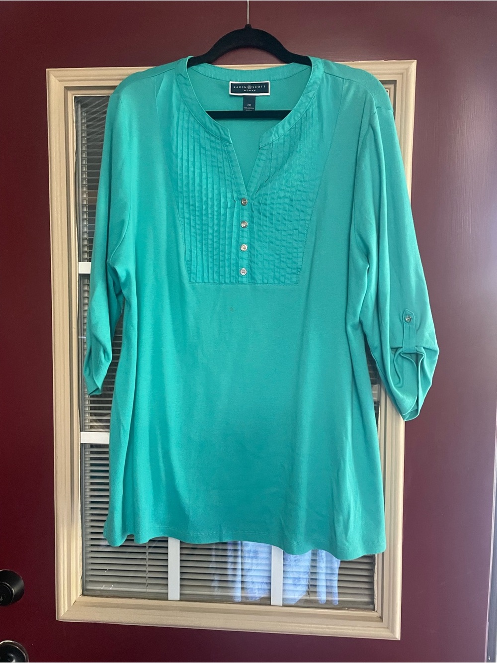Dana Buchman Turquoise Pintuck Split-Neck Tunic with Roll-Tab Sleeves